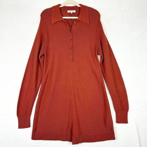 Weworewhat Knit Boxy Romper Size Large Long Sleeve Half Button Clay Collared - Picture 2 of 7